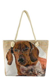 ADORABLE EMBROIDERED CAT AND DOG TOTE BAG